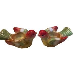 Vintage Porcelain Ceramic Pair Birds Figurine tea lights Hand Painted Autumnal